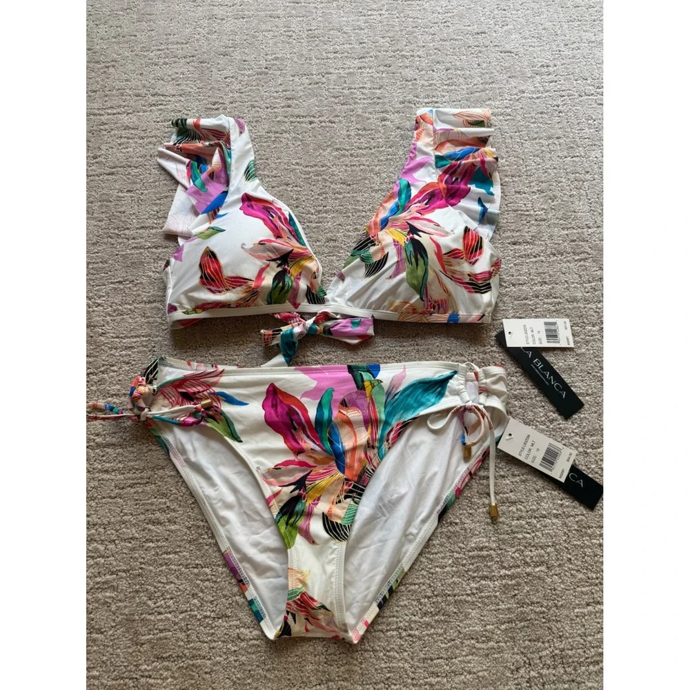 La Blanca Bikini Set Women 16 Multicolor NWT Floral Ruffle Tropical Swimsuit